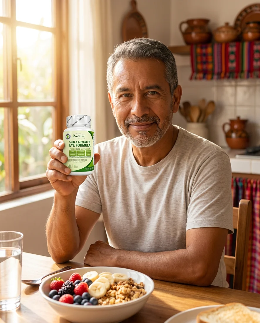 EverVision — Fórmula Avanzada 14-en-1 para la salud visual, un adulto viendo con claridad