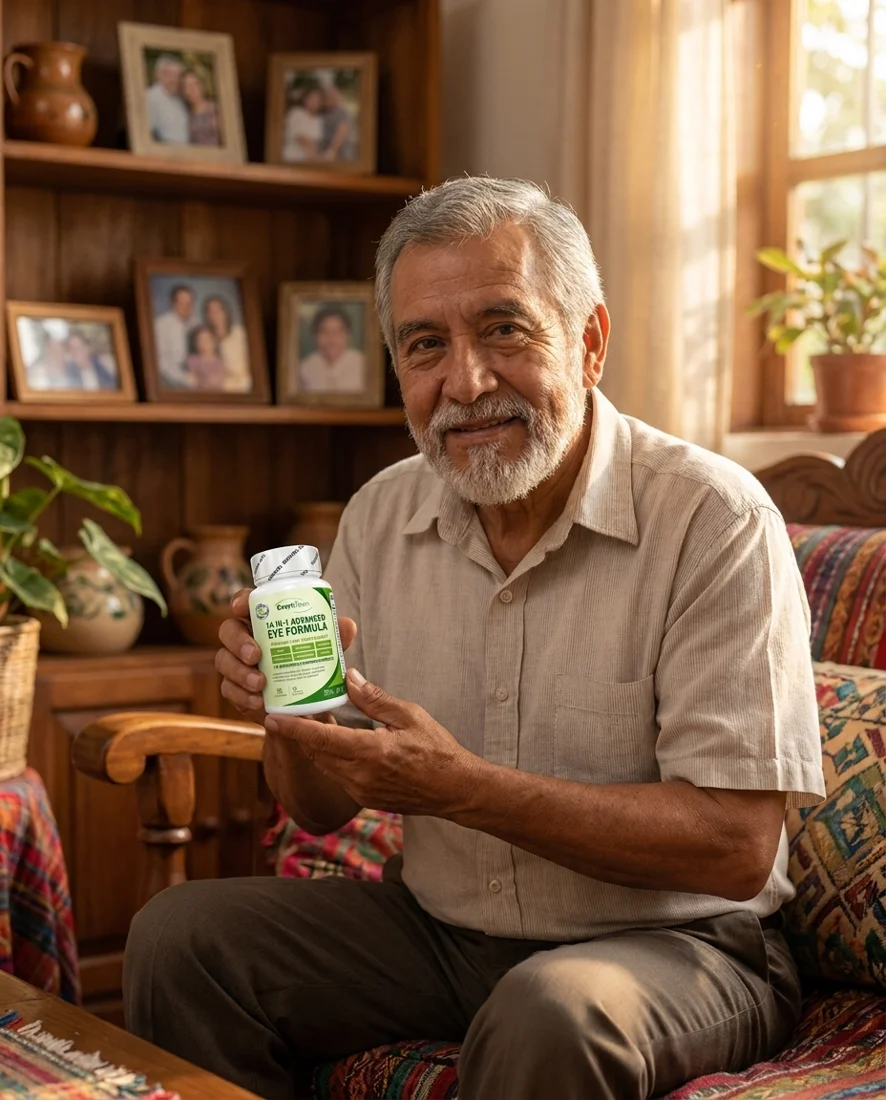 Señor guatemalteco mayor sosteniendo EverVision en casa, junto a las fotos de su familia