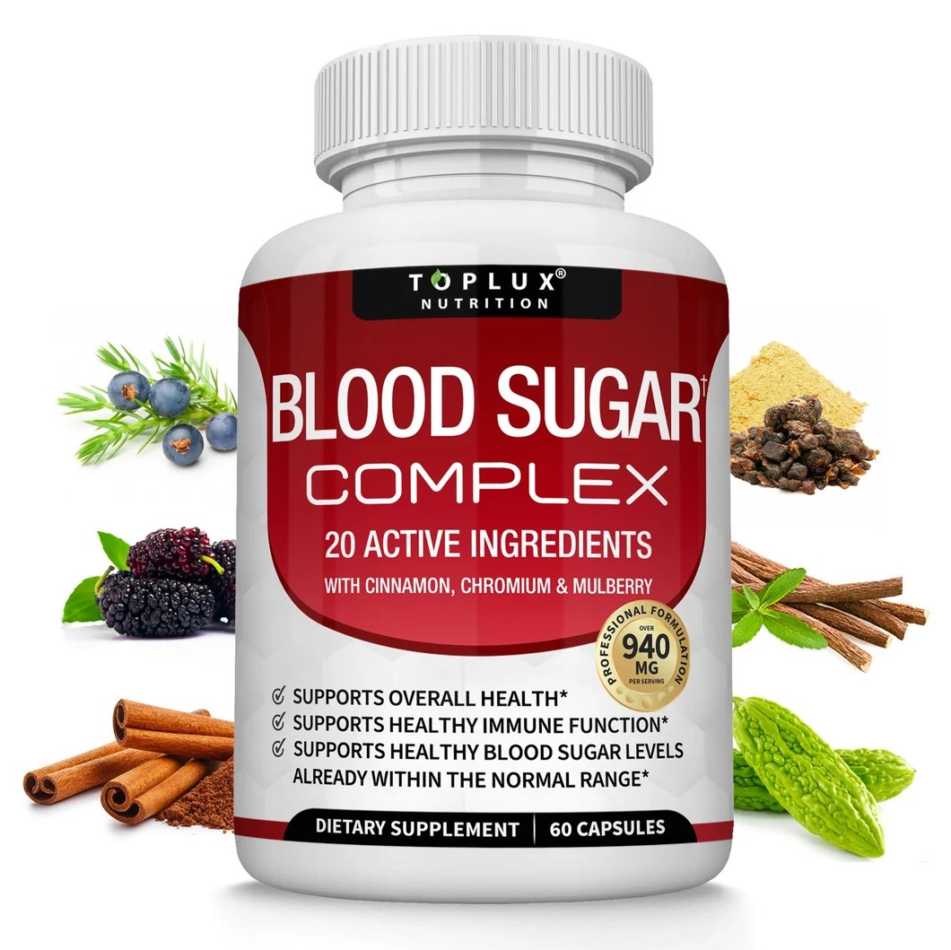 TOPLUX Blood Sugar Complex, envase con ingredientes naturales