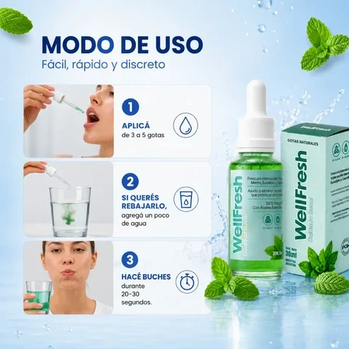 Paso a paso: gotas en la lengua, diluir en agua, buches de 20 a 30 segundos